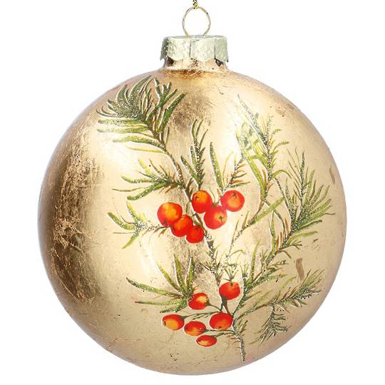 INDENT - Pack 6, Glass Ball Large Gold, Fir & Berry Spray 10cm